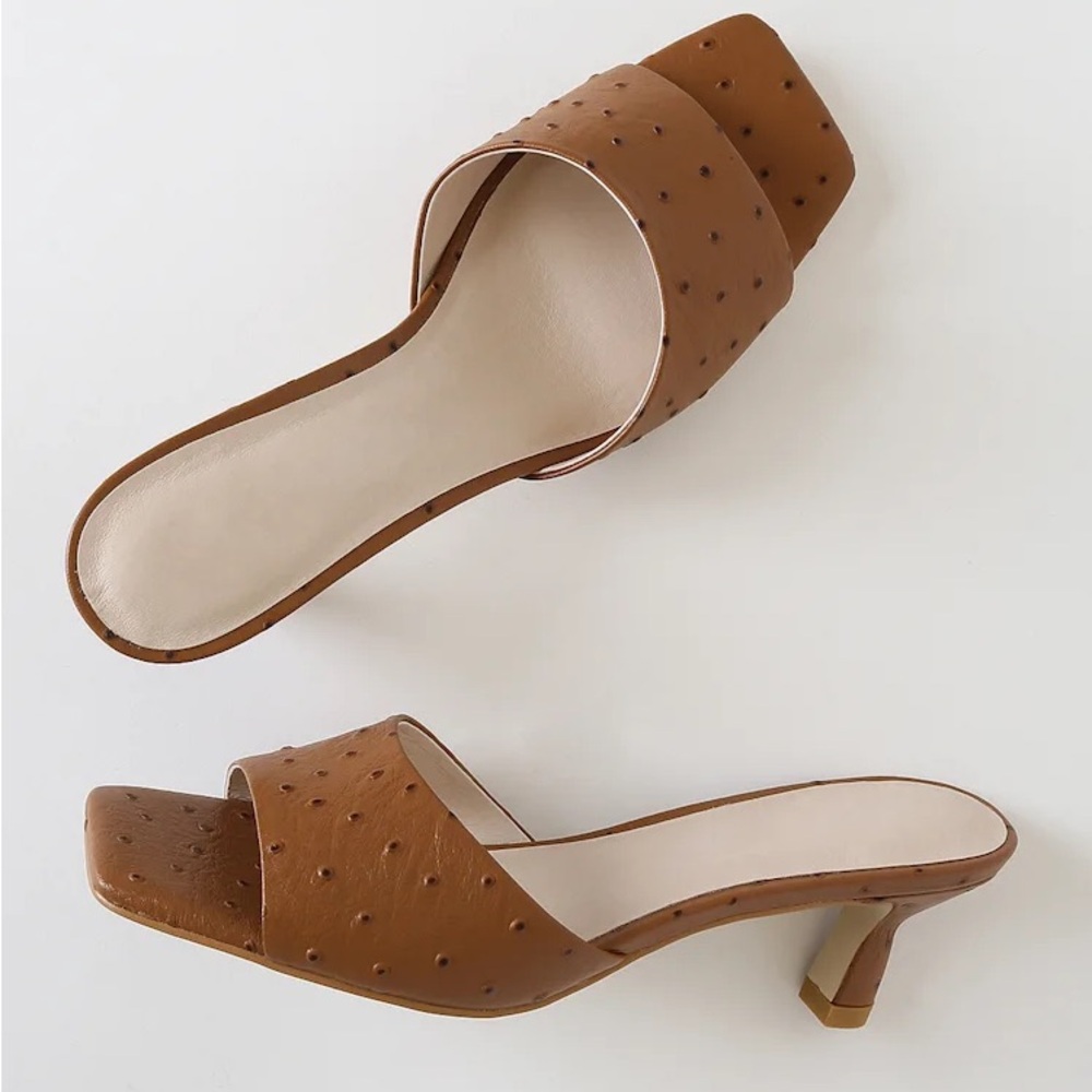Sol Sana Tan Leather Open-Toe Mule Heels ostrich texture